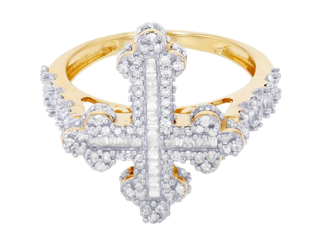 Baguette Cross  0.875 CT Diamond Ring 10K Yellow-White Gold
