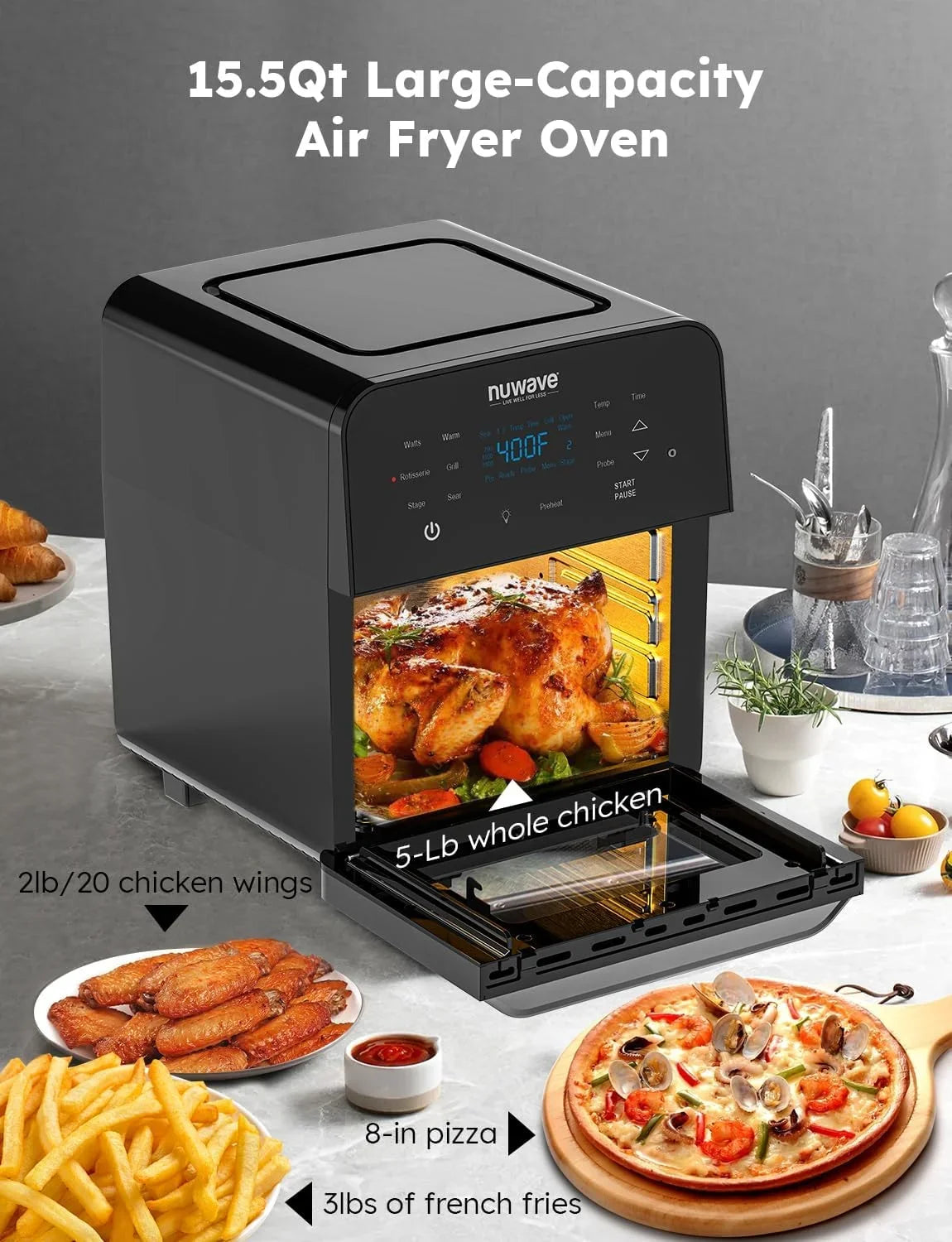 HOZO Brio Air Fryer Oven, 15.5Qt X-Large Family Size, SS Rotisserie Basket &-Skewer Kit, Powerful 1800W, 50F-425F Temp Controls, Integrated Smart Thermometer