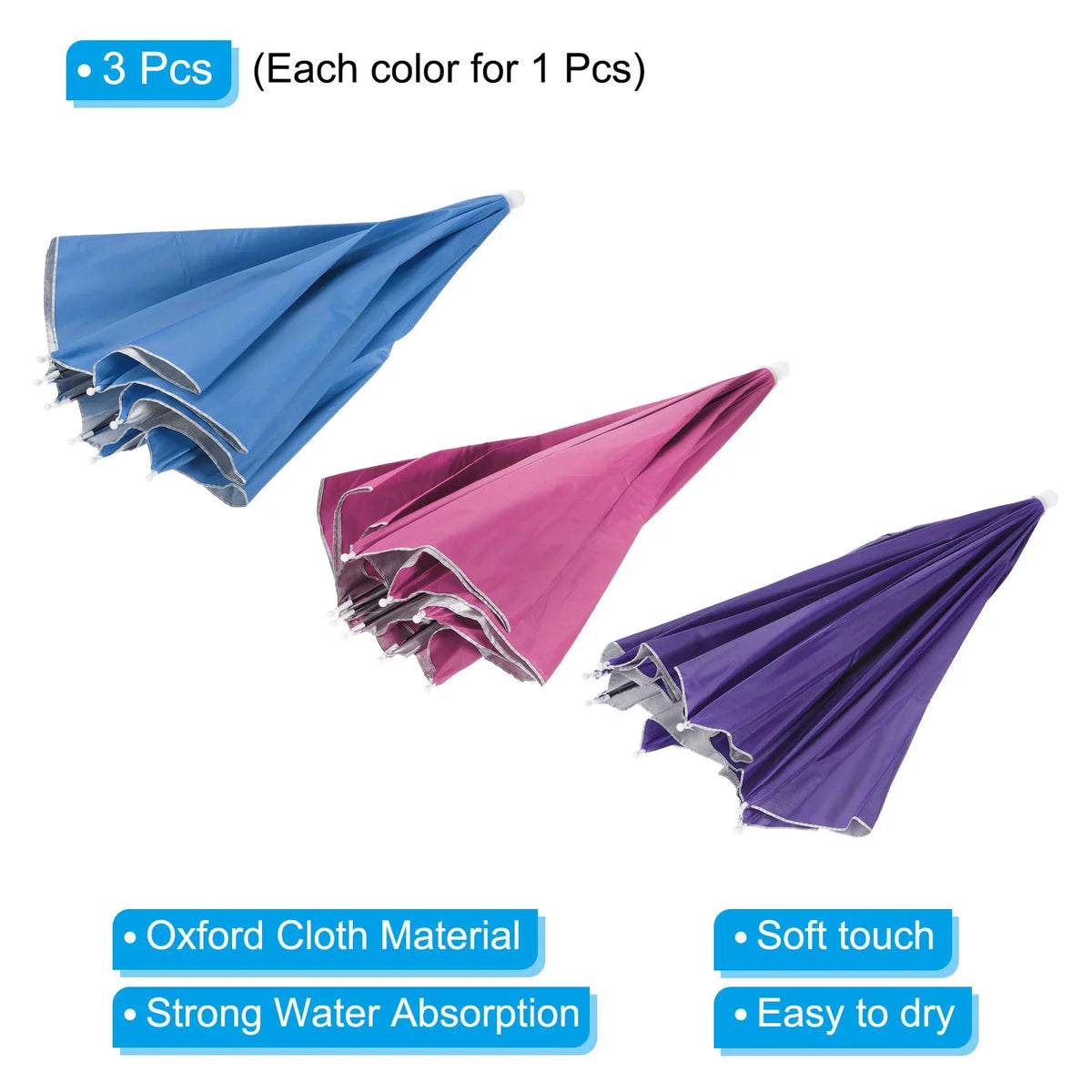 Uxcell OD 27.2" Umbrella Hat Set, 3Pcs Oxford Fabric Folding Single Layer Sun Rain Cap with Head Strip, Purple Blue Red