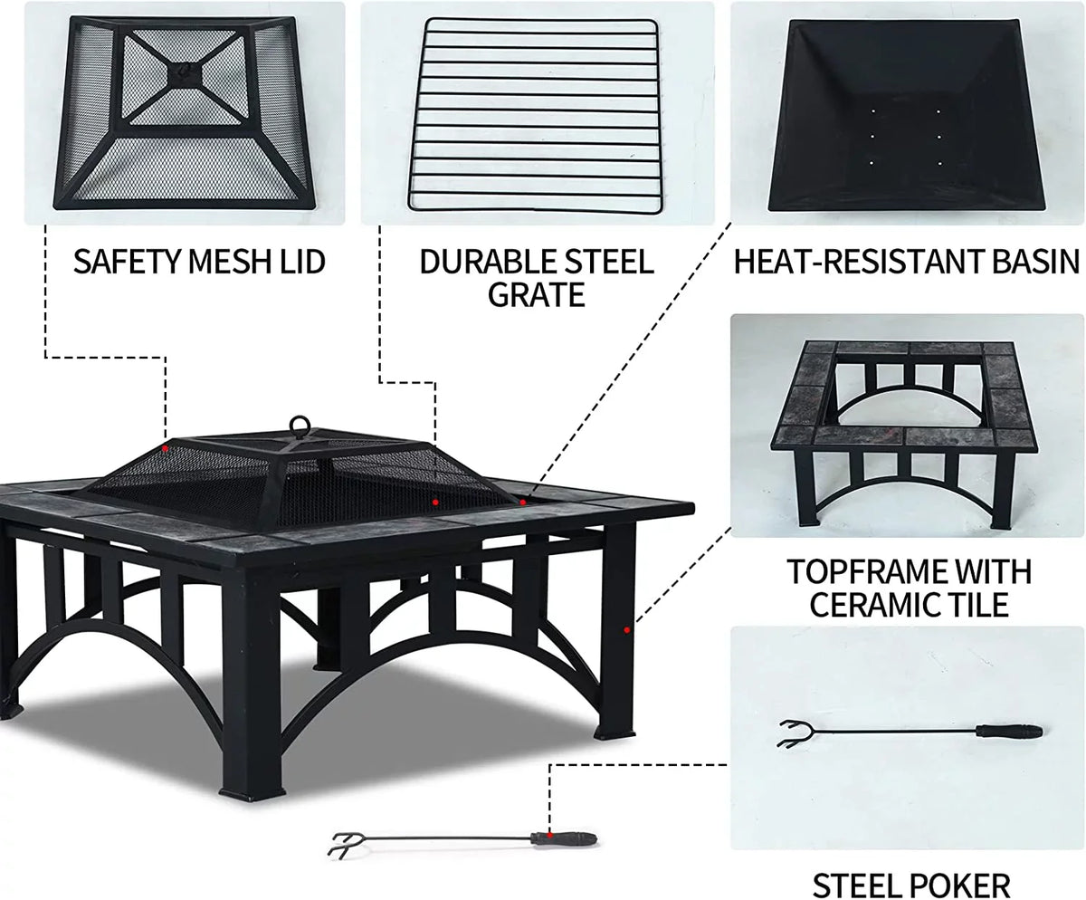 Grand Patio Fire Pits for Outside 35'' Wood Burning Square Marble Tile Tabletop Fire Tables for Patio Bonfire,Camping,Outdoor Heating, with Spark Screen and Poker
