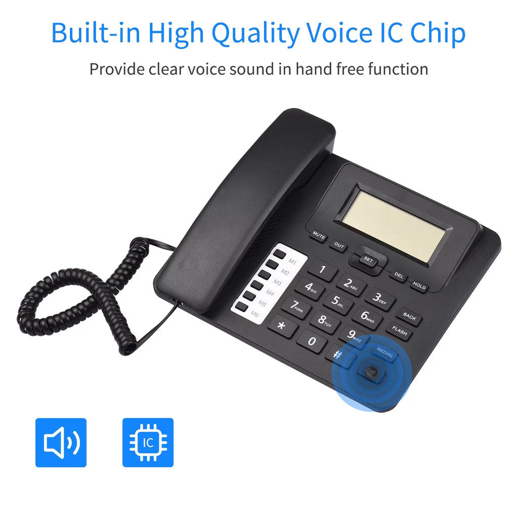 Meterk Black Corded Phone Desk Landline Phone Telephone DTMF/FSK Dual System Support Hands-Free/Redial/Flash/Speed Dial/Ring Control Built-in IC Chip Sound Real-time Date for Elderly Seniors Home