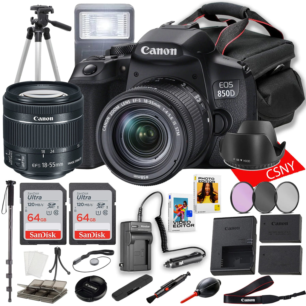 Canon EOS 850D (Rebel T8i) DSLR Camera with 18-55mm Lens + 2PC 64 GB Memory + Spare High Capacity Battery + Filters + Tripod + Mini Tripod + More (29 pc Bundle)