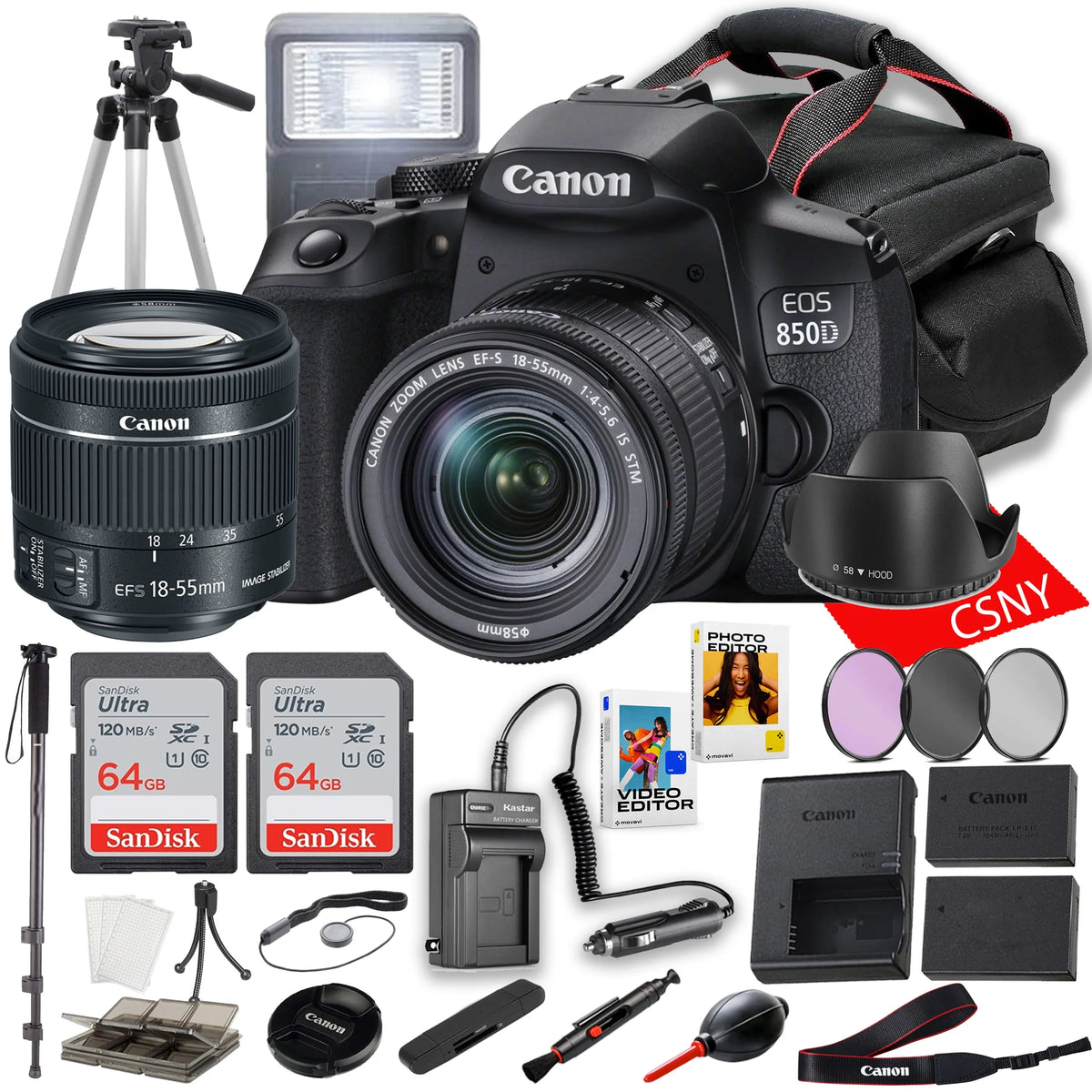 Canon EOS 850D (Rebel T8i) DSLR Camera with 18-55mm Lens + 2PC 64 GB Memory + Spare High Capacity Battery + Filters + Tripod + Mini Tripod + More (29 pc Bundle)