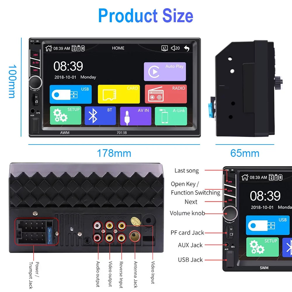 Podofo 2 Din Car Stereo with Apple D-play 7 inch Touch Screen Car MP5 Player Car Radio Bluetooth USB with 4 LED Rear View Camera
