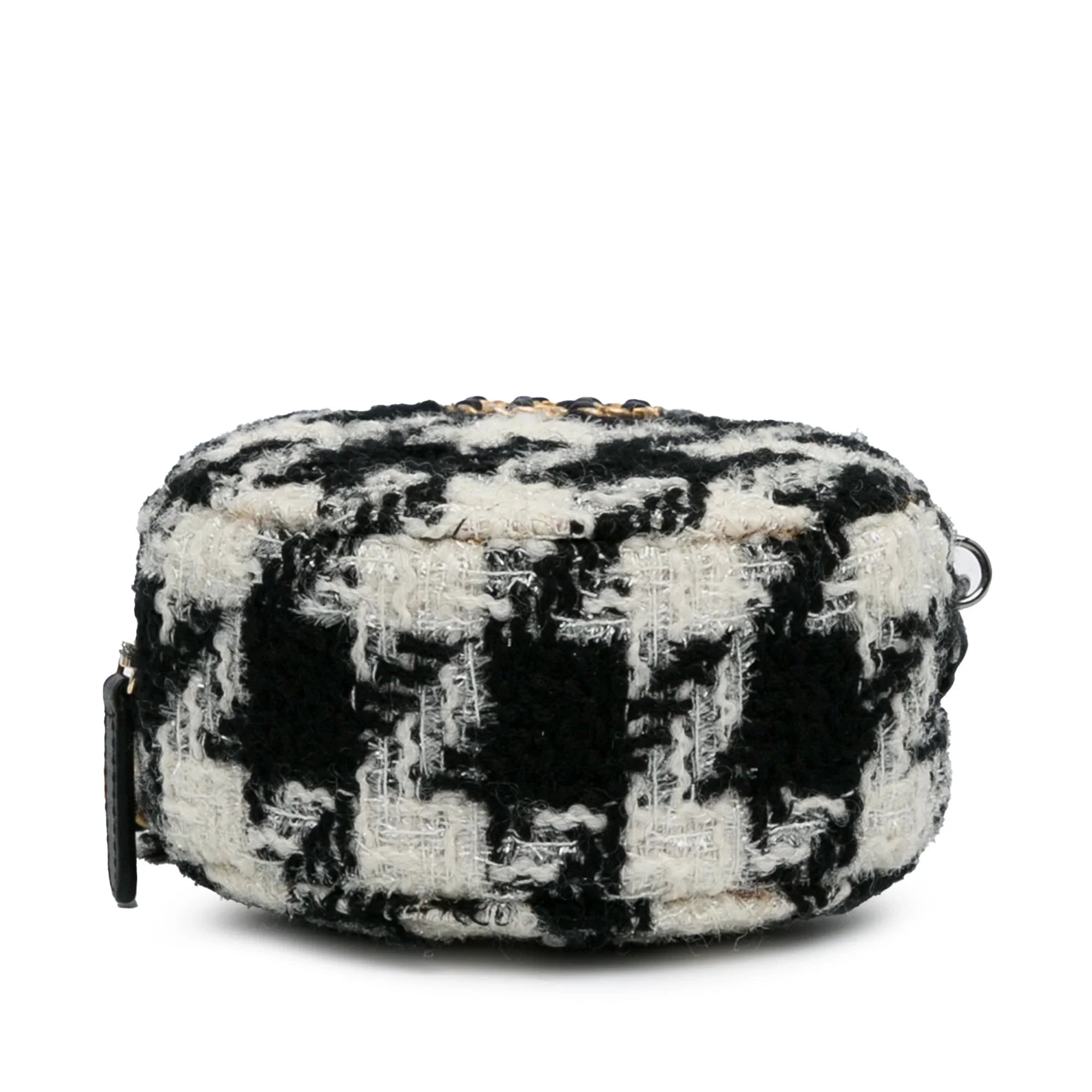 Pre-Owned Authenticated Chanel Round 19 Clutch with Chain and Lambskin Coin Purse Tweed Fabric Black Crossbody Bag Unisex (Good)