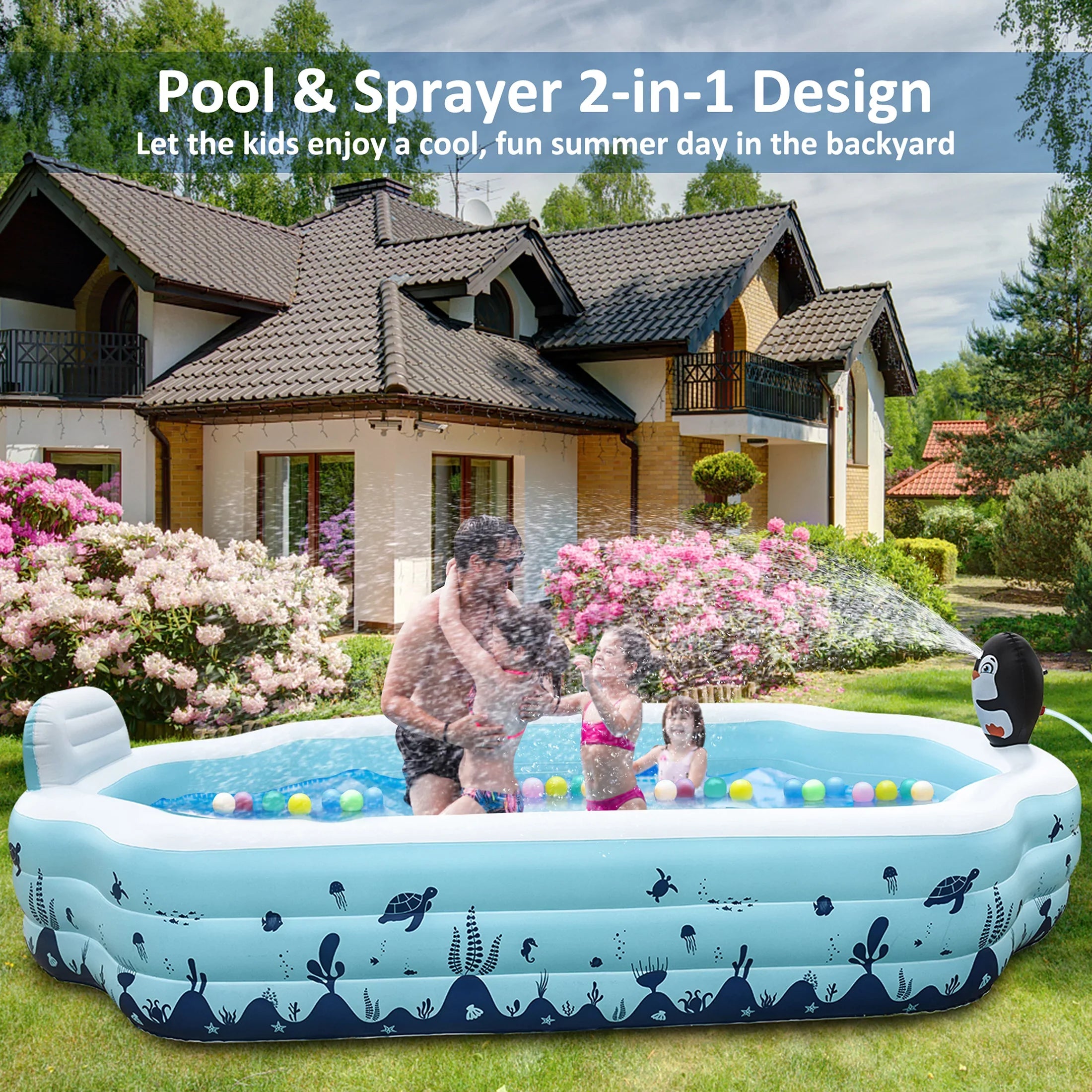 Sebor Inflatable Pool with Seat and Sprinkler - 10.3Ft x 76'' x 20'' Full Sized Above Ground Swimming Pool for Family, Adults, and Kids - Thickened Design for Backyard, Garden, and Outdoor Fun