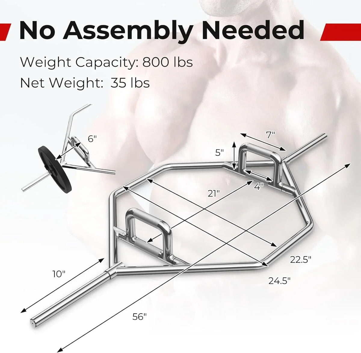 Olympic Hex Bar, Folding Trap Bar 56" Chrome Finish Hex Weight Lifting Bar Deadlift Bar With Two-Handle, For Squats, Deadlifts, Shrugs Power Pulls, 800Lbs Weight Capacity