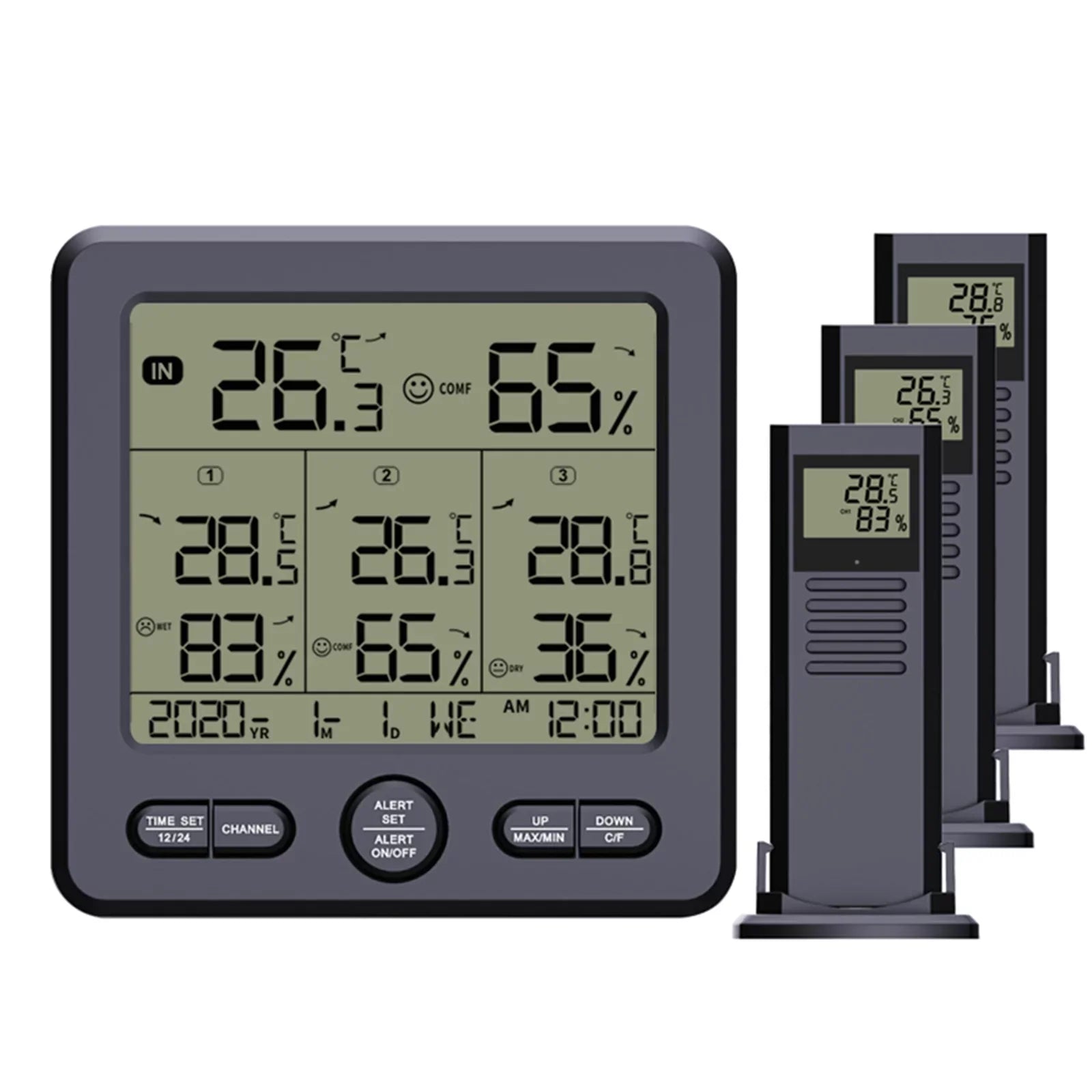 Anself Digital Wireless Indoor  Thermohygrometer with 3 Remote Sensors 98ft/ 30m Backlight & Calibration Function Humidity Monitor with 3 Transmitters Weather Stations for Home Office Gree