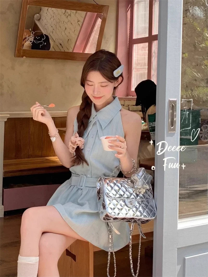 Deeeefuu Pei Pei Han Man Oni Mint Mambo Neck Dress Women Tie Waisted Commuter Short Dresses Sleeveless Halter Dress [In Stock]] S