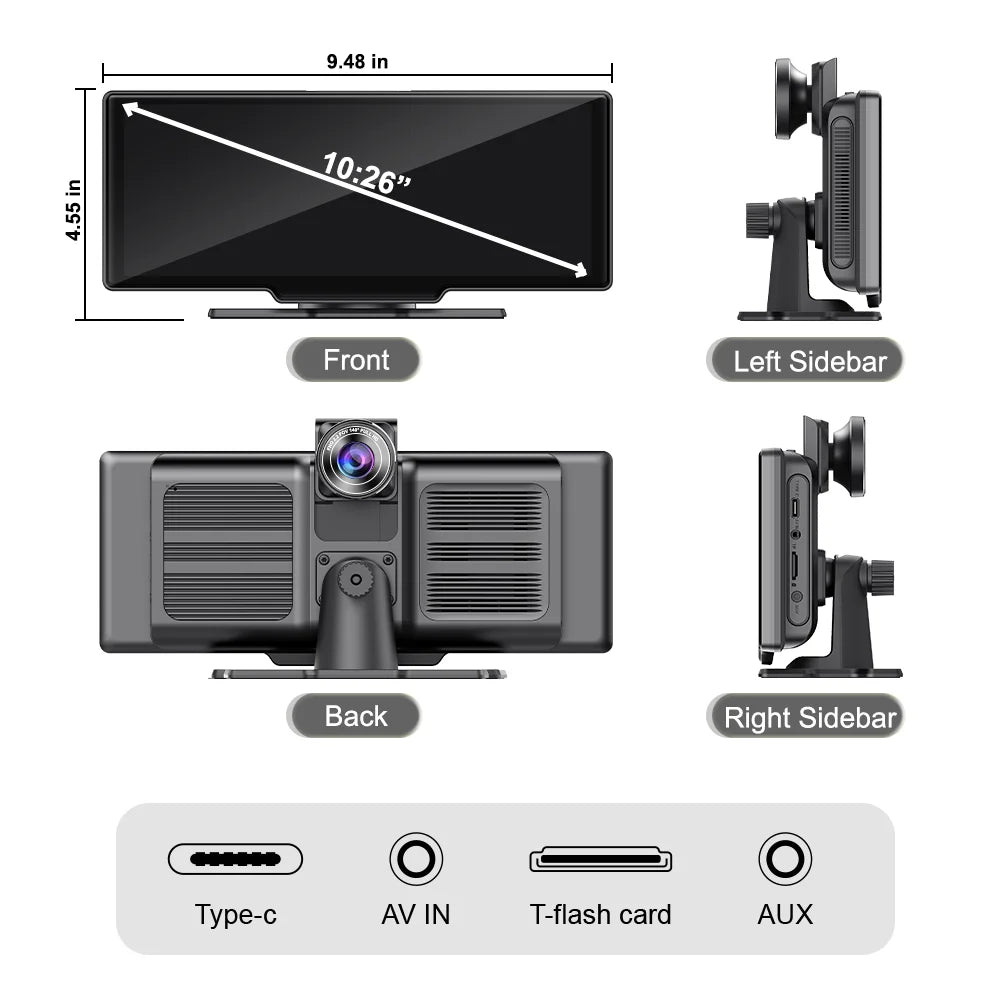 Adas Dash Cam  4K  DVR 10.26"  IPS with touch Screen 2 cameras for Front and Back recording Apple CarPlay , Android Auto Portable Navigation