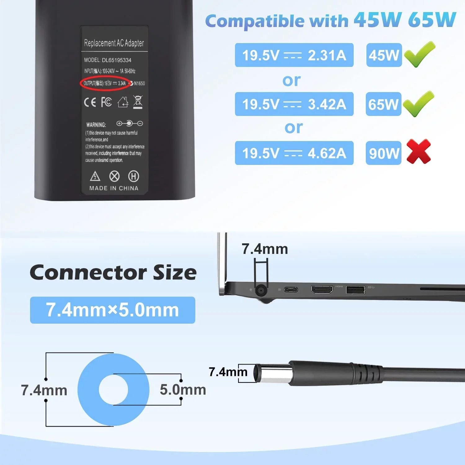 65W LA65NS2-01 Laptop Charger AC Adapter for Dell Latitude 5400 5500 5480 7400 7480 7490 7390 3440 E5400 E5420 E5450 E5470 E6420 E6430 E6540 E7470 E7480 LA65NM130