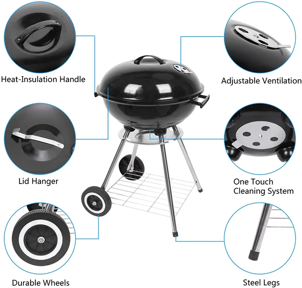 Charcoal Grill, 18 inch Stainless Steel BBQ Charcoal with Wheels and Storage Holder for Camping, Picnic, Barbecue, Party, Outdoor Activities