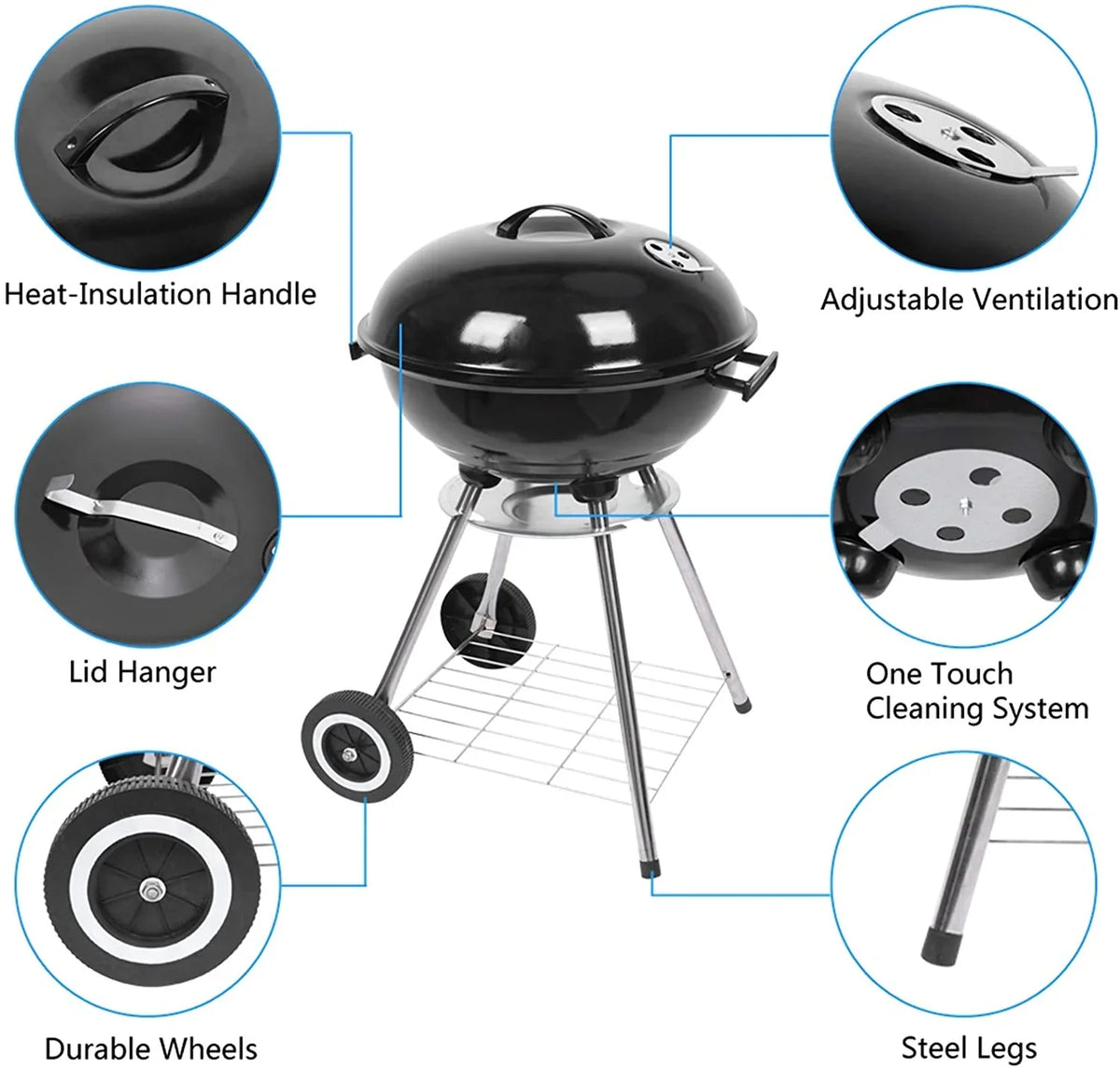 Charcoal Grill, 18 inch Stainless Steel BBQ Charcoal with Wheels and Storage Holder for Camping, Picnic, Barbecue, Party, Outdoor Activities