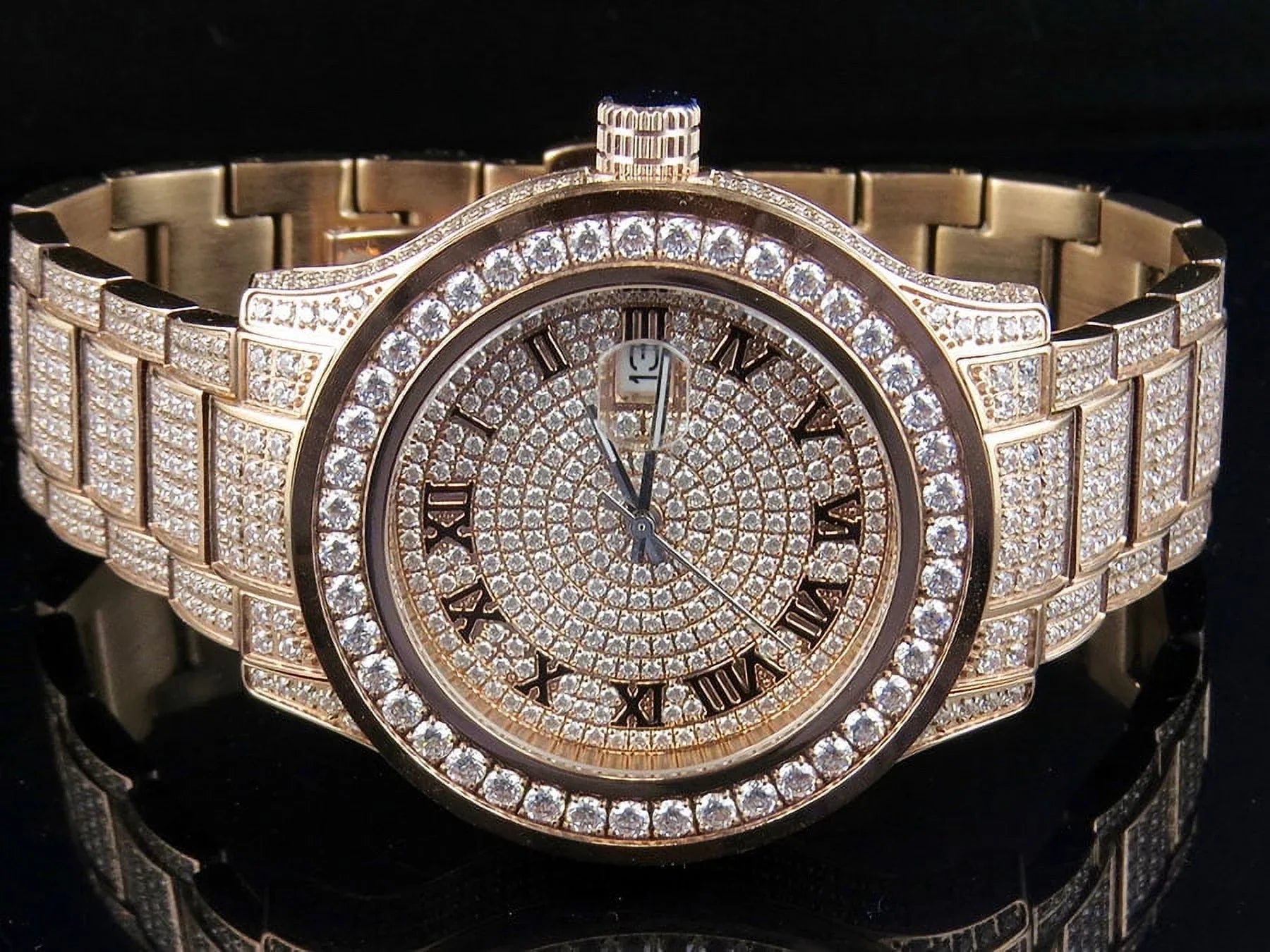 Mens Rose Gold Simulated Diamond Watch 45MM DJ-04