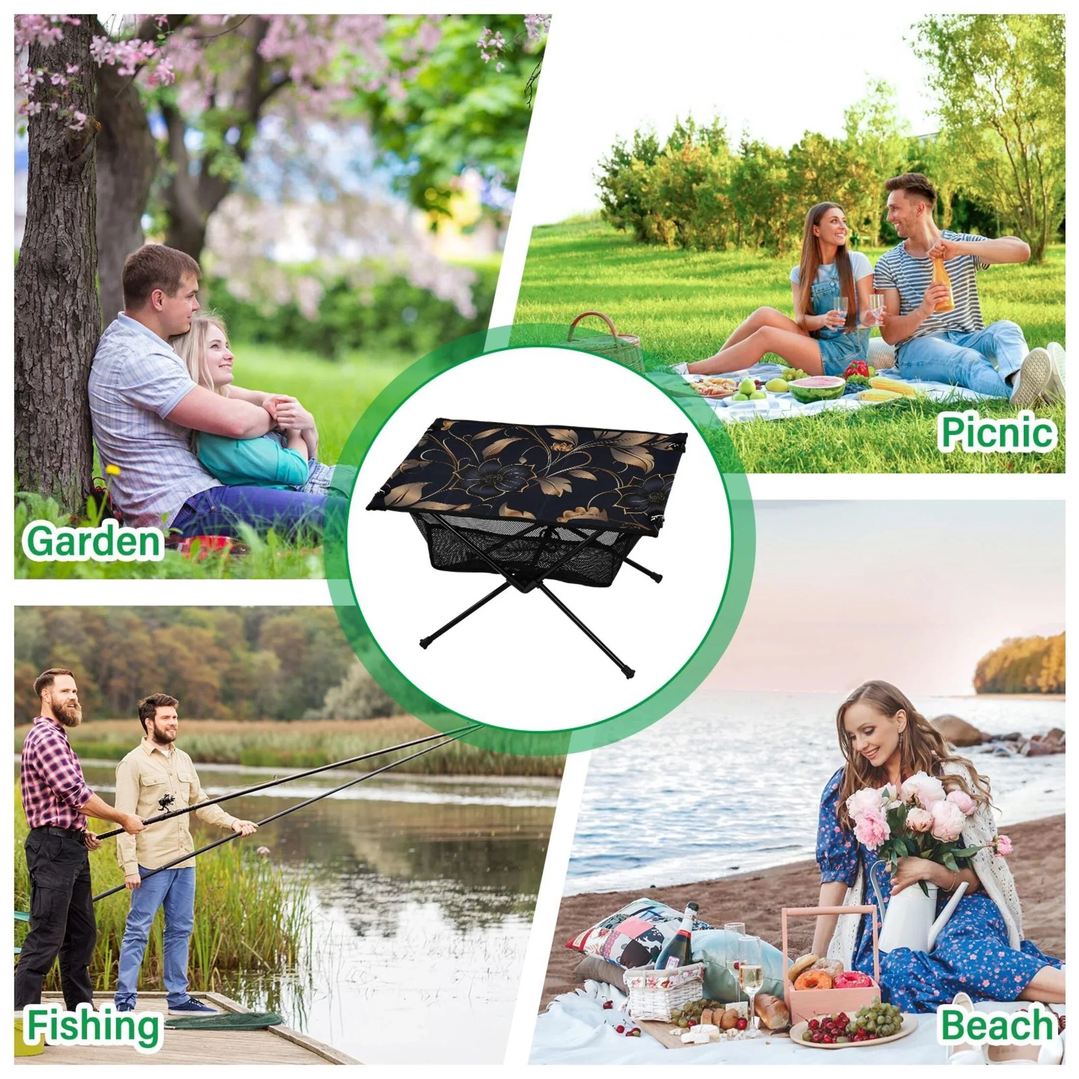 Flower on Black Camping Folding Table Portable Beach Table with Storage Bag Compact Picnic Table for Outdoor Travel Fishing BBQ