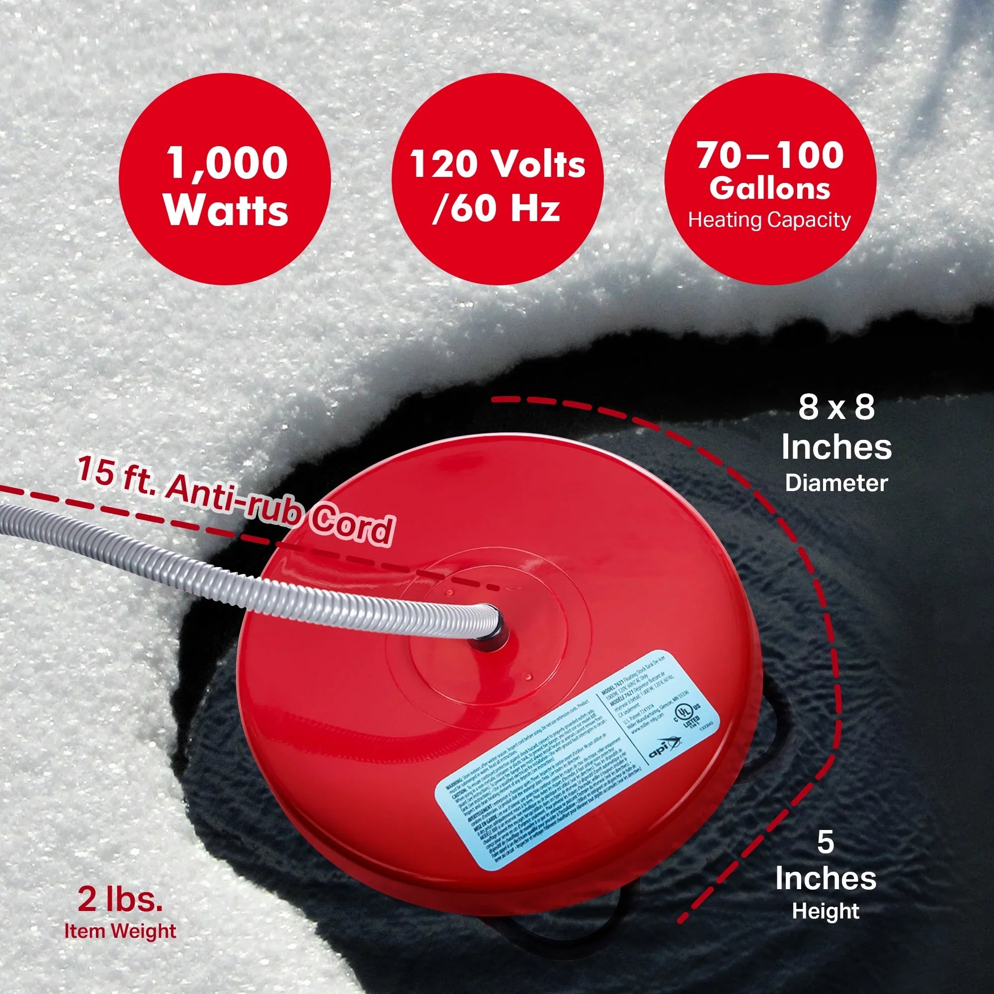 API 1000 Watt Thermostatic Winter Floating Stock Tank Deicer & Heater, Red