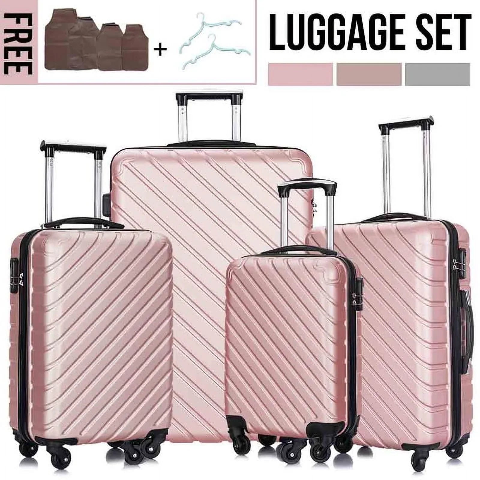 4 Piece Hardshell Luggage Sets,Travel Suitcase,Carry On Luggage with Spinner Wheels Free Cover&Hanger Inside rose gold