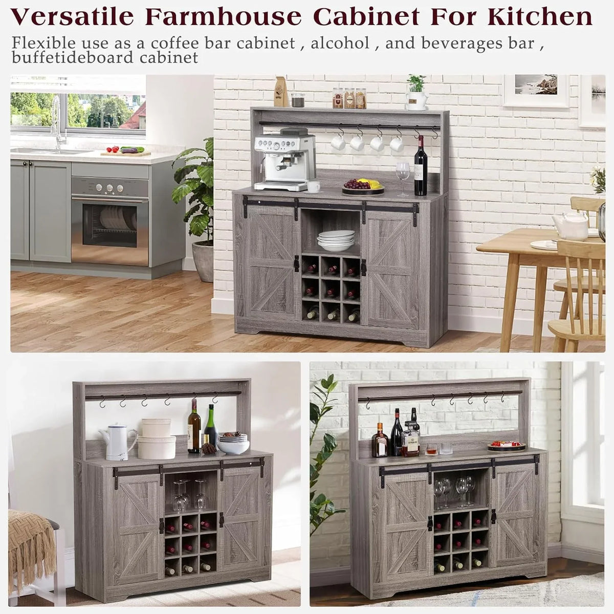 Urban Deco Coffee Bar Cabinet with Rack and Storage,Liquor Bar Buffet Sideboard with 6 Hooks for Kitchen Dining Room(Gray)
