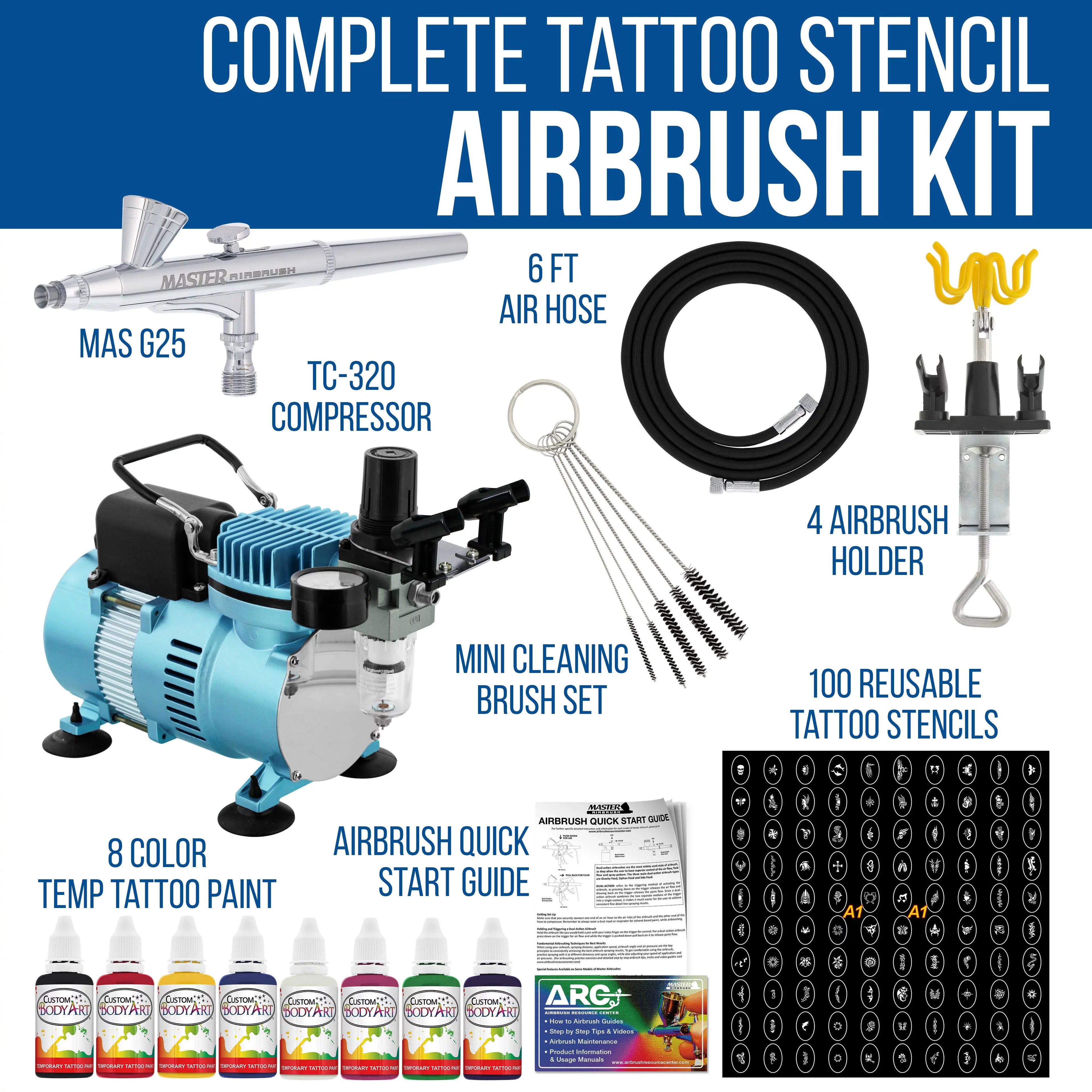 Master Airbrush Air Compressor Custom Body Art System Kit with Airbrush, 8 Color Temporary Tattoo Paint Set, 100 Stencil