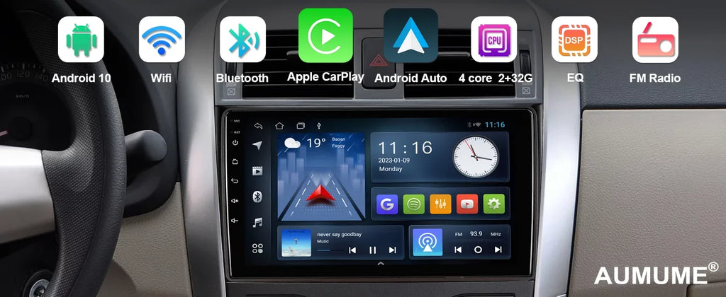 Android 10 Double Din Car Stereo for Toyota Corolla 2009-2013 with 9 Inch Touchscreen Radio Built-in Wireless Carplay/Android Auto/GPS/Bluetooth/FM/AUX-in/Steering Wheel Control Backup Camera 2+32G