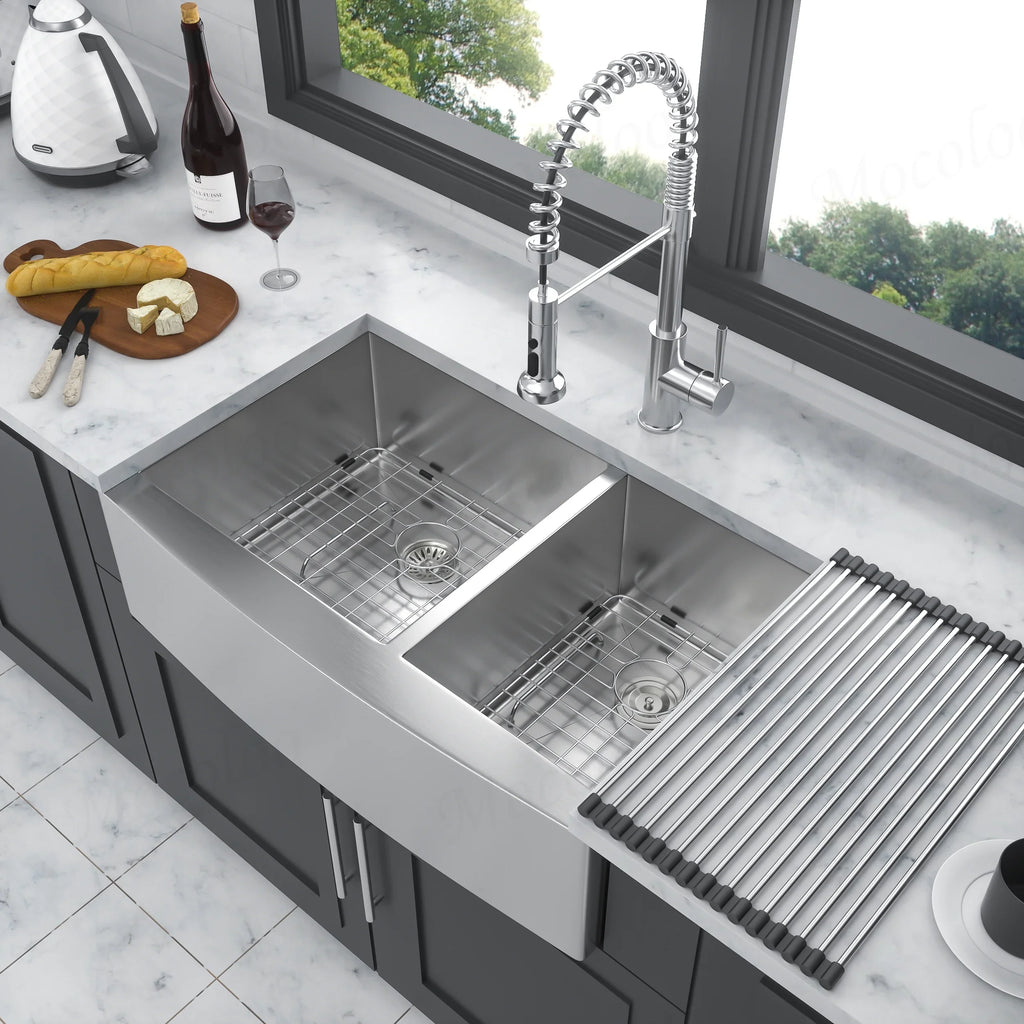 33 Inch Double Farmhouse Sink - Mocoloo Apron Front Kitchen Farm Sink 18 Gauge Stainless Steel Farmhouse Sink 33x20x9 Inch Double Bowl 60/40 Kitchen Sink