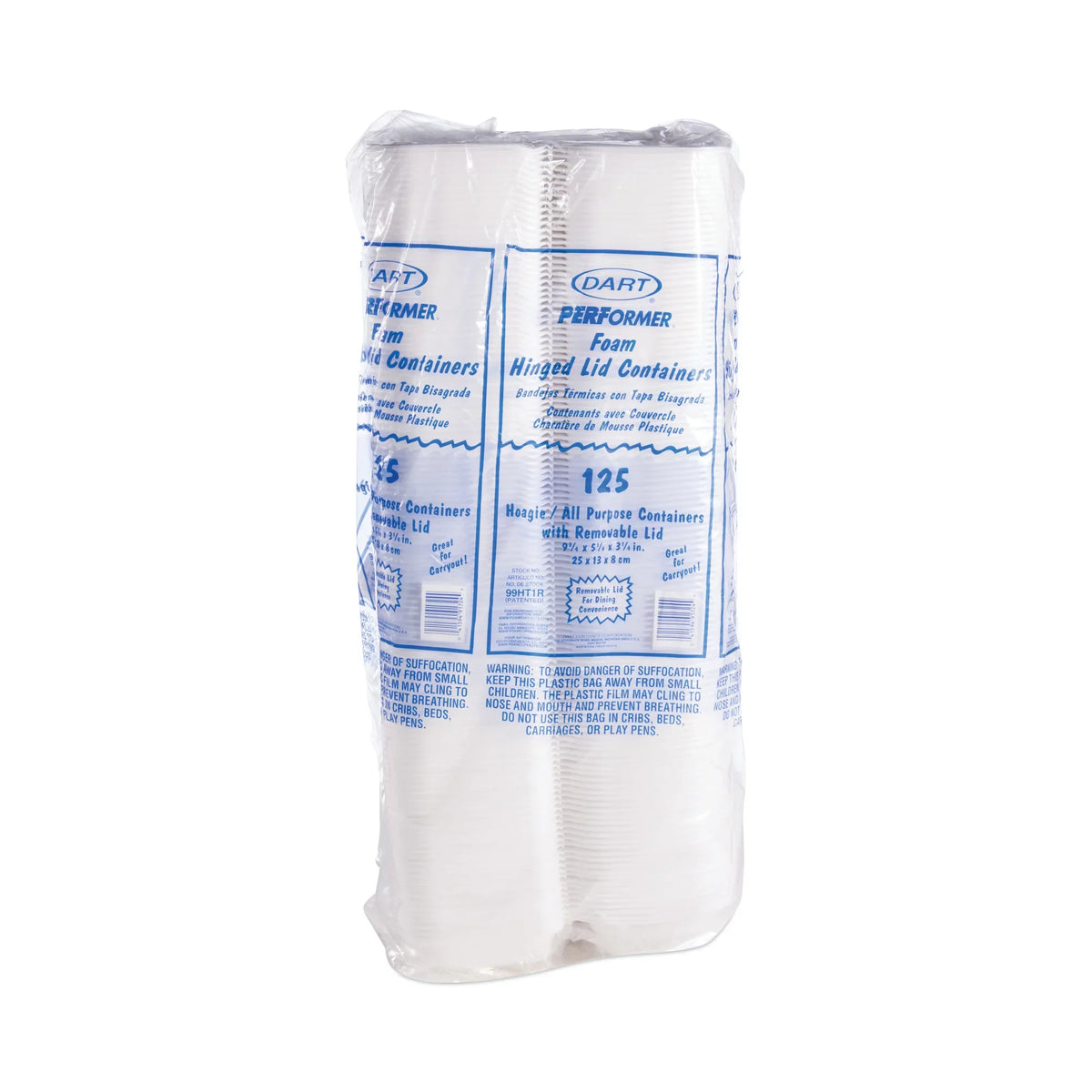 Dart Foam Hinged Lid Container, Hoagie Container with Removable Lid, 5.3 x 9.8 x 3.3, White, 125/Bag, 4 Bags/Carton -DCC99HT1R