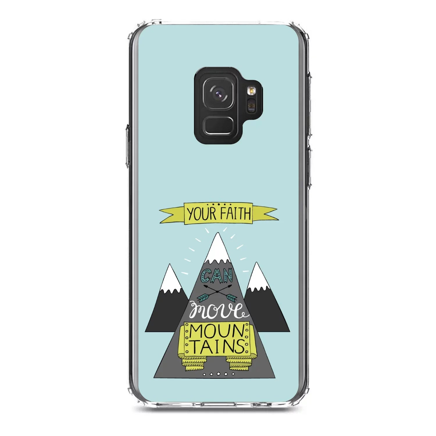 DistinctInk Clear Shockproof Hybrid Case for Samsung Galaxy S9 (5.8" Screen) - TPU Bumper, Acrylic Back, Tempered Glass Screen Protector - Your Faith Can Move Mountains
