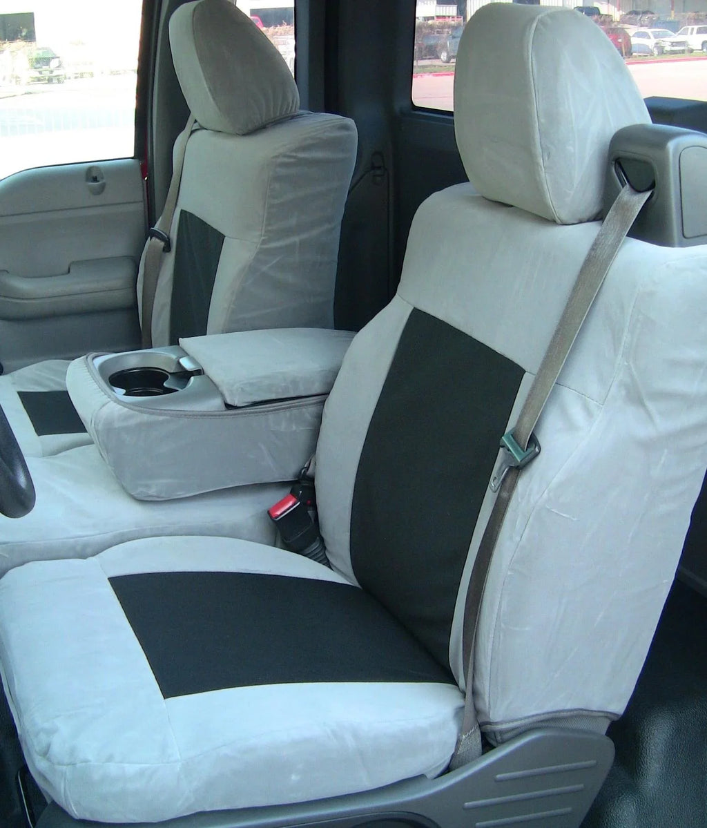 F369 2004-2008 Ford F150 XLT Super Cab Front 40/20/40 Split Seat With Adjustable Headrests and Opening Center Console Two Tone in Dark Gray Velour and Black Twill