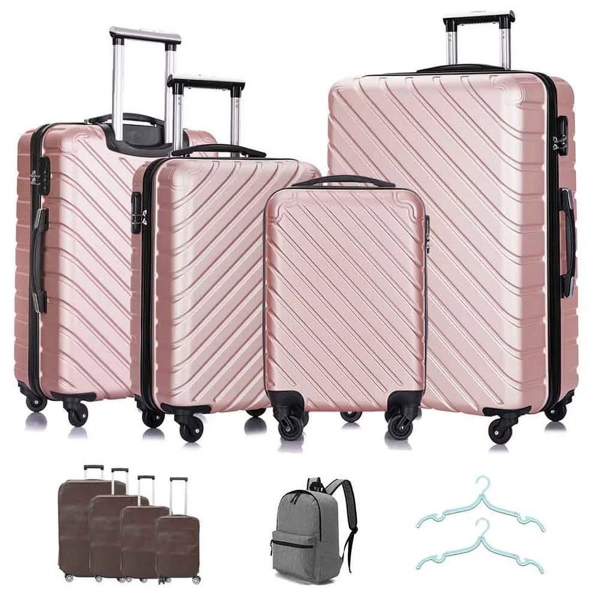 4 Piece Hardshell Luggage Sets,Travel Suitcase,Carry On Luggage with Spinner Wheels Free Cover&Hanger Inside rose gold