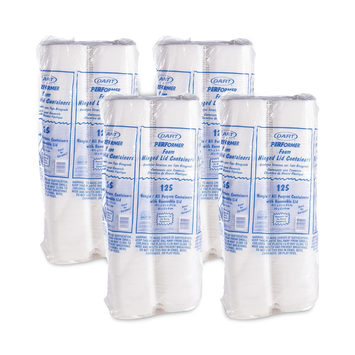Dart Foam Hinged Lid Container, Hoagie Container with Removable Lid, 5.3 x 9.8 x 3.3, White, 125/Bag, 4 Bags/Carton -DCC99HT1R