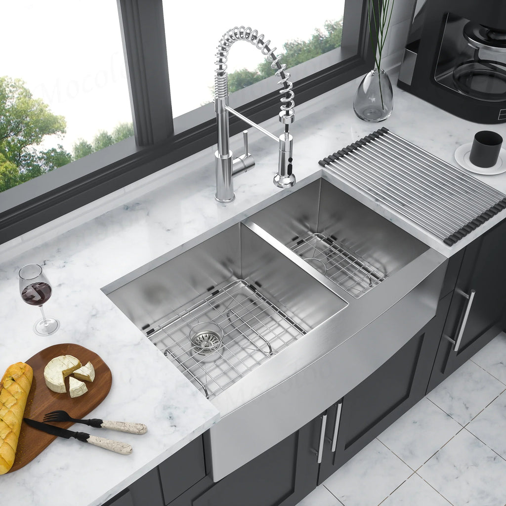 33 Inch Double Farmhouse Sink - Mocoloo Apron Front Kitchen Farm Sink 18 Gauge Stainless Steel Farmhouse Sink 33x20x9 Inch Double Bowl 60/40 Kitchen Sink