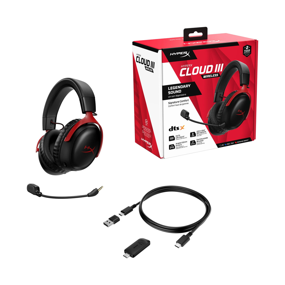 HyperX Cloud III Wireless – Gaming headset for PC, PS5, PS4, up to 120-hour Battery, 2.4GHz Wireless, 53mm angled drivers, Memory foam, Durable Frame, 10mm microphone – Black/Red
