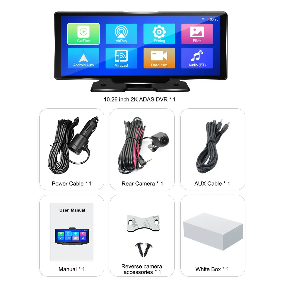 Adas Dash Cam  4K  DVR 10.26"  IPS with touch Screen 2 cameras for Front and Back recording Apple CarPlay , Android Auto Portable Navigation