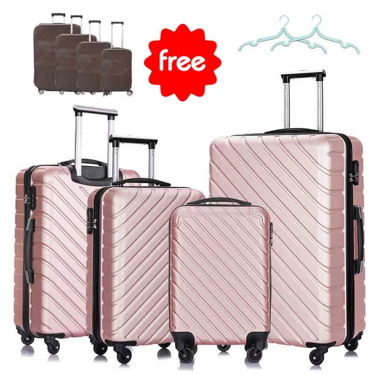 4 Piece Hardshell Luggage Sets,Travel Suitcase,Carry On Luggage with Spinner Wheels Free Cover&Hanger Inside rose gold