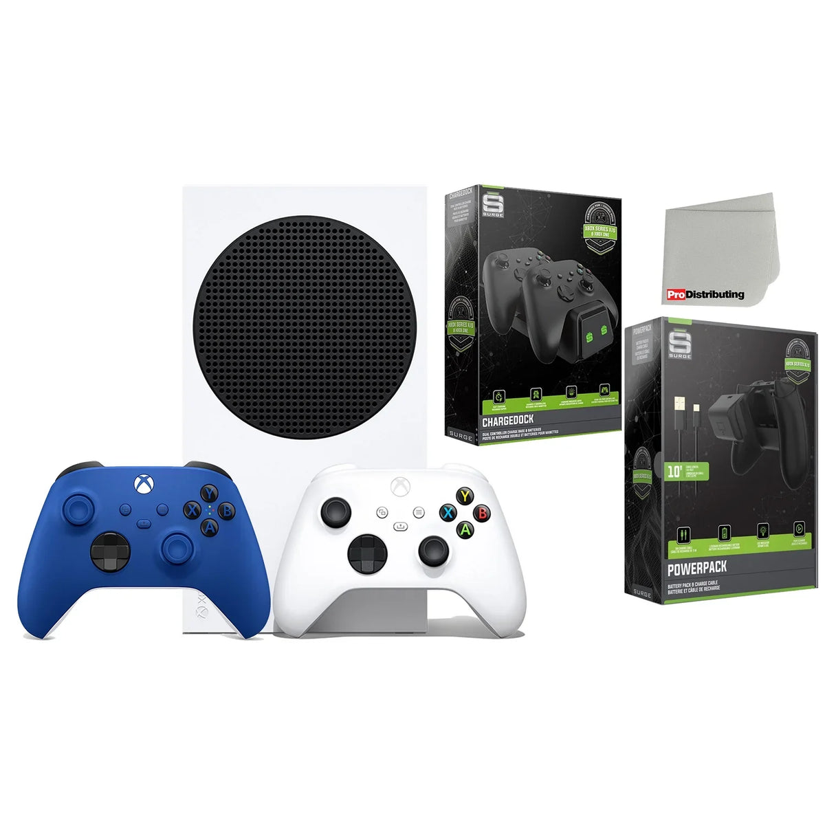 Microsoft Xbox Series S 512GB Digital Console with Extra Wireless Controller - Shock Blue - Surge CHARGEDOCK Dual Charge Base and Powerpack Battery/Charge Cable Bundle with Microfiber Cleaning Cloth