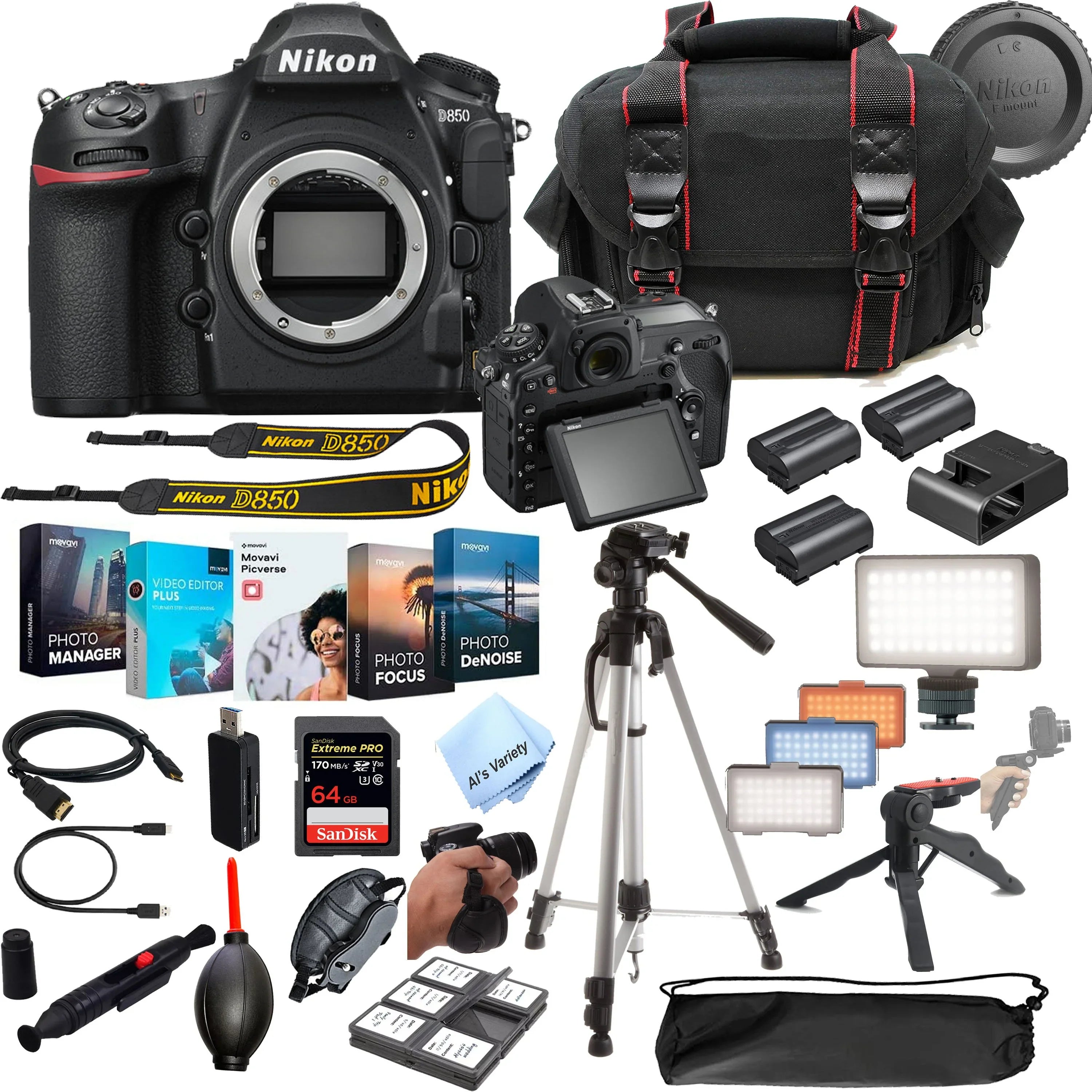 Nikon D850 DSLR Camera 45.7 MP Body No Lens- 64GB Extreme Speed Card, LED Always on Light, Tripod,Gripod, Case, and More 30pc Video Bundle