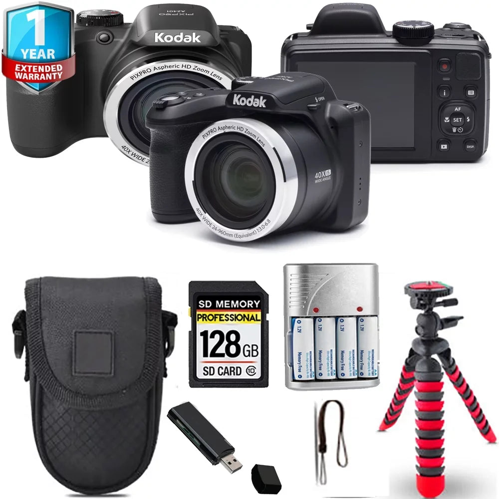 Kodak PIXPRO AZ401 Digital Camera (Black) + Spider Tripod + Case+ 1 Yr Warranty