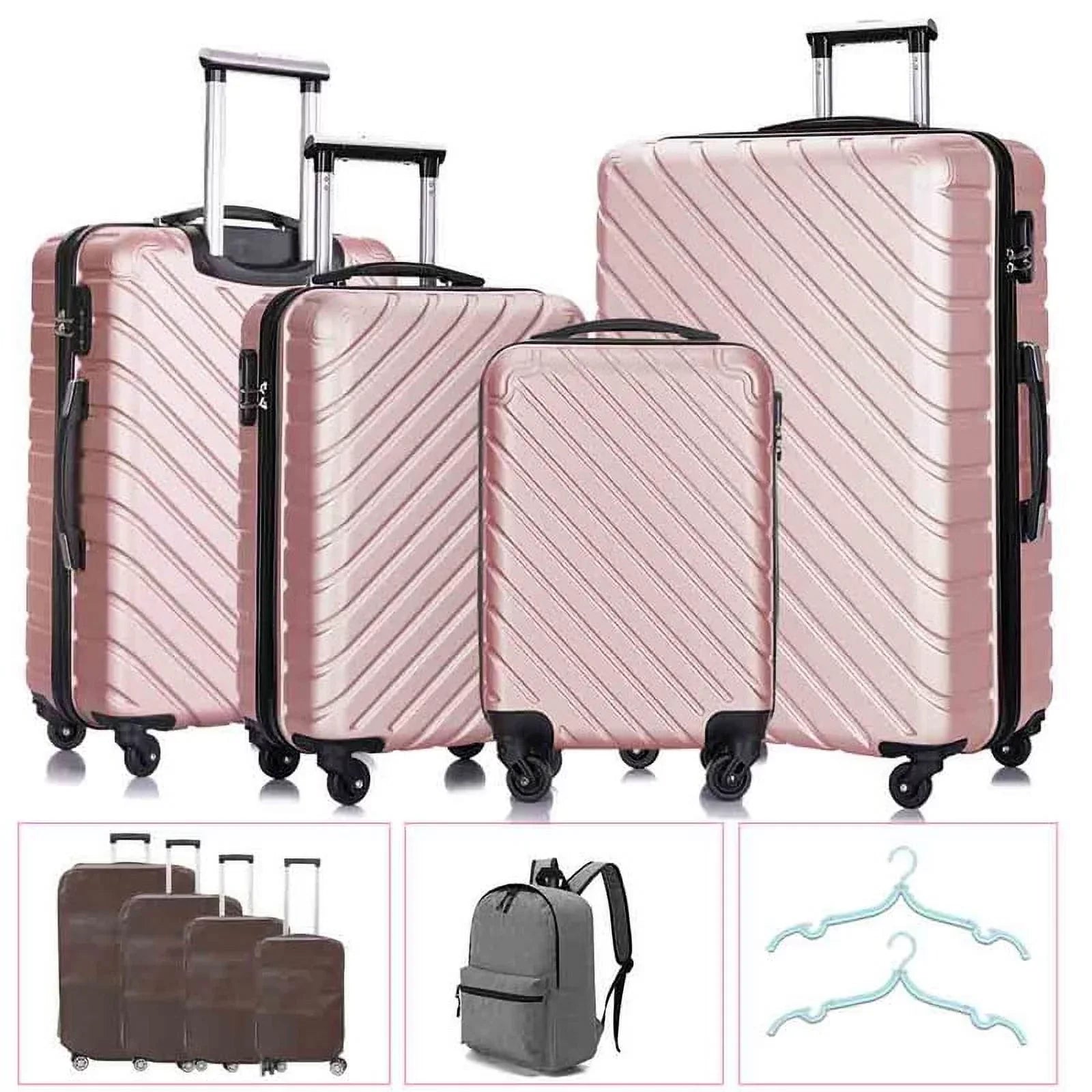 4 Piece Hardshell Luggage Sets,Travel Suitcase,Carry On Luggage with Spinner Wheels Free Cover&Hanger Inside rose gold