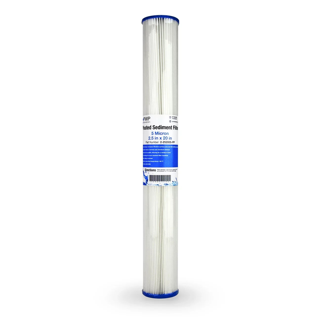 Pleated Poly Sediment Water Filter Cartridge Standard 2.5x20" 5 Micron 4 Pack