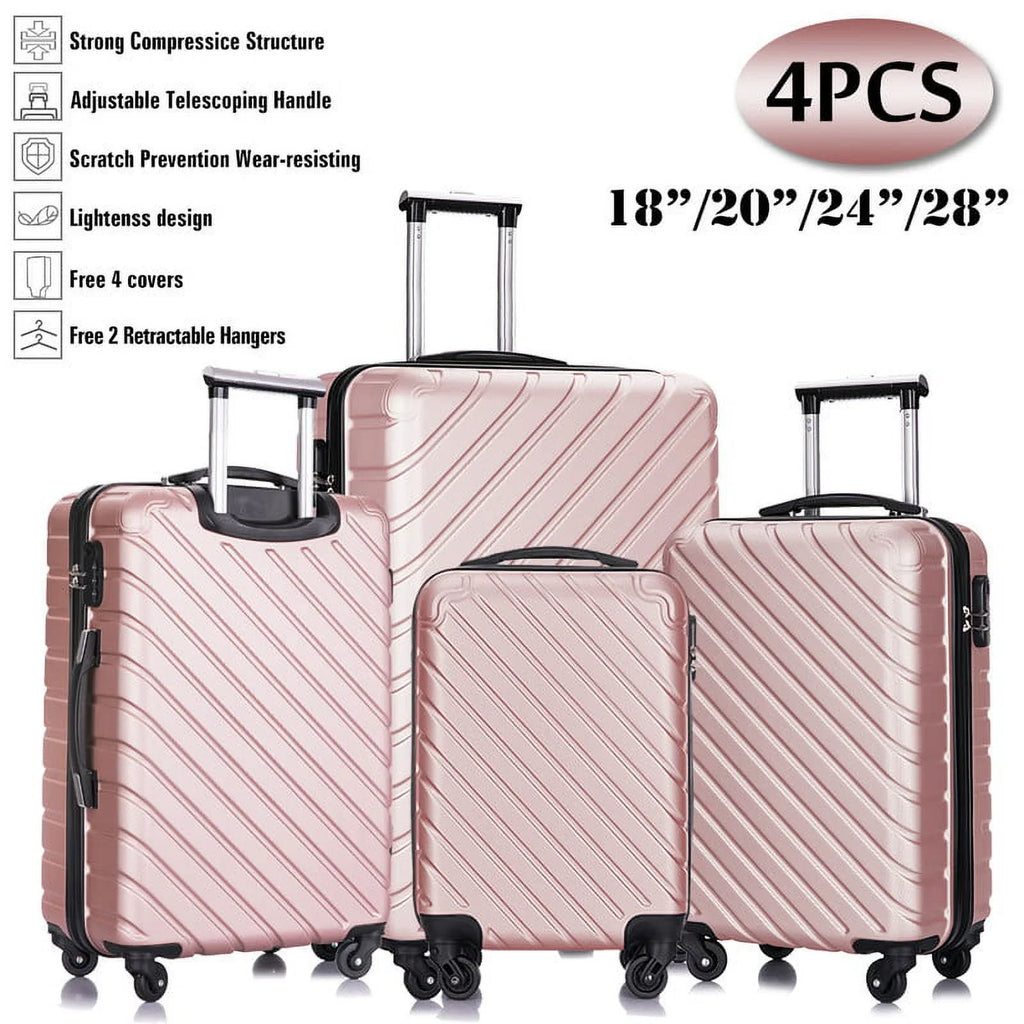 4 Piece Hardshell Luggage Sets,Travel Suitcase,Carry On Luggage with Spinner Wheels Free Cover&Hanger Inside rose gold