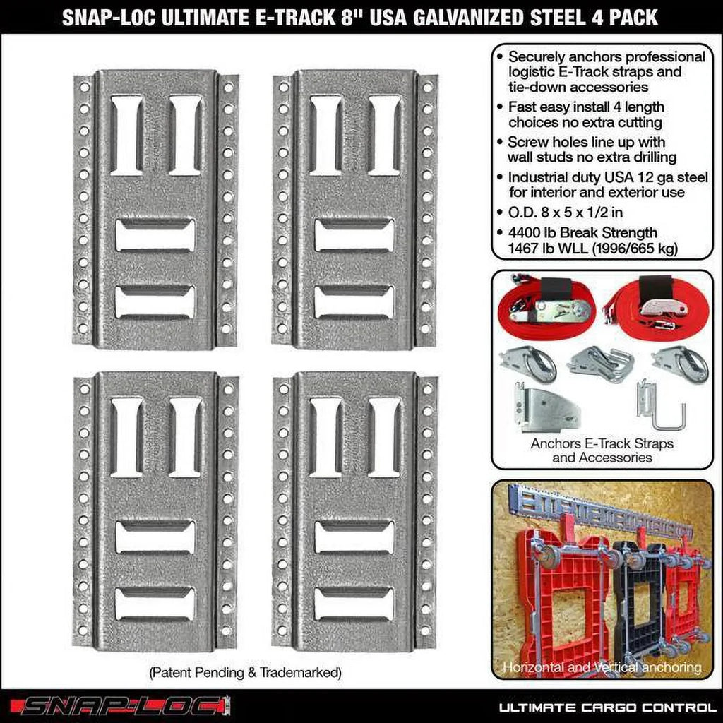 SNAP-LOC Fast-Track E-Track 8 Inch 4-Pack USA Galvanized Steel Horizontal Vertical, Logistic Tie-Down for Pickups, Trucks, Trailers
