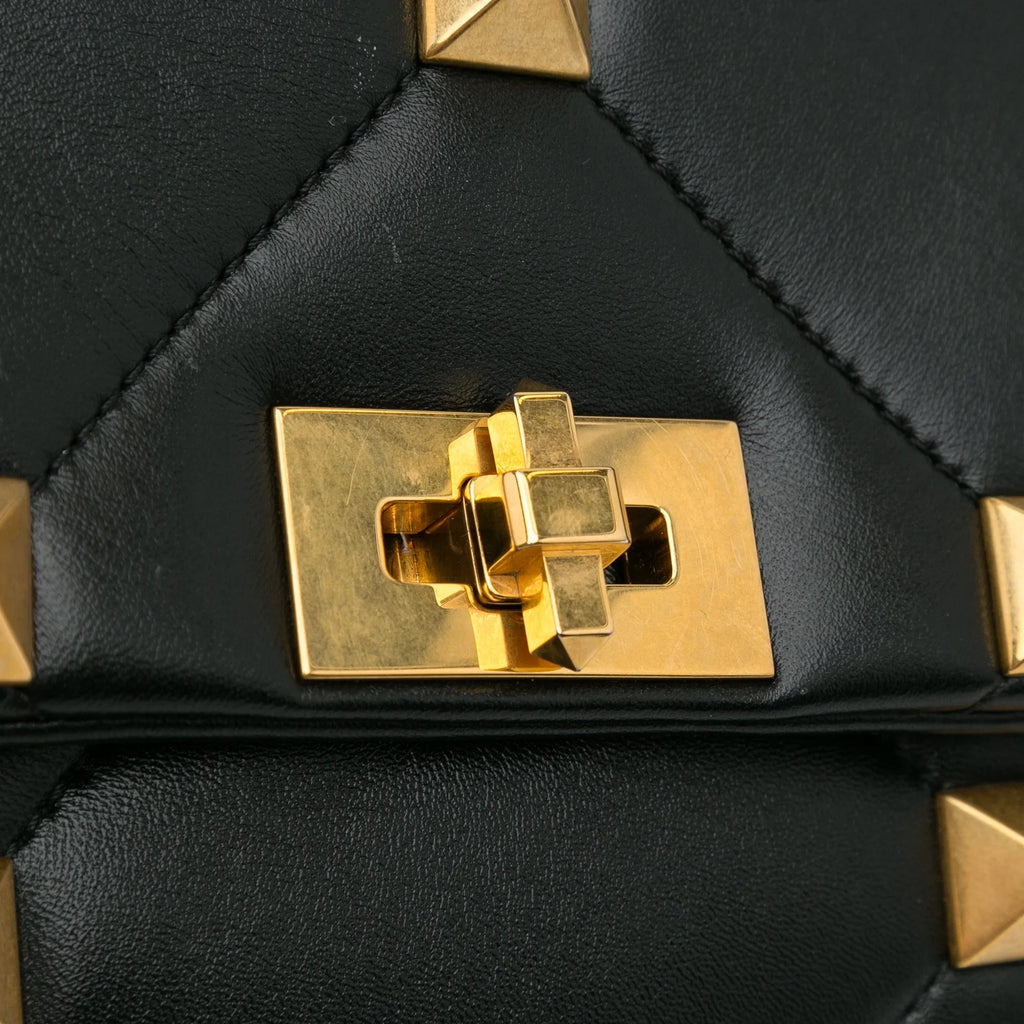 Pre-Owned Authenticated Valentino Medium Roman Stud Satchel Calf Leather Black Unisex (Good)