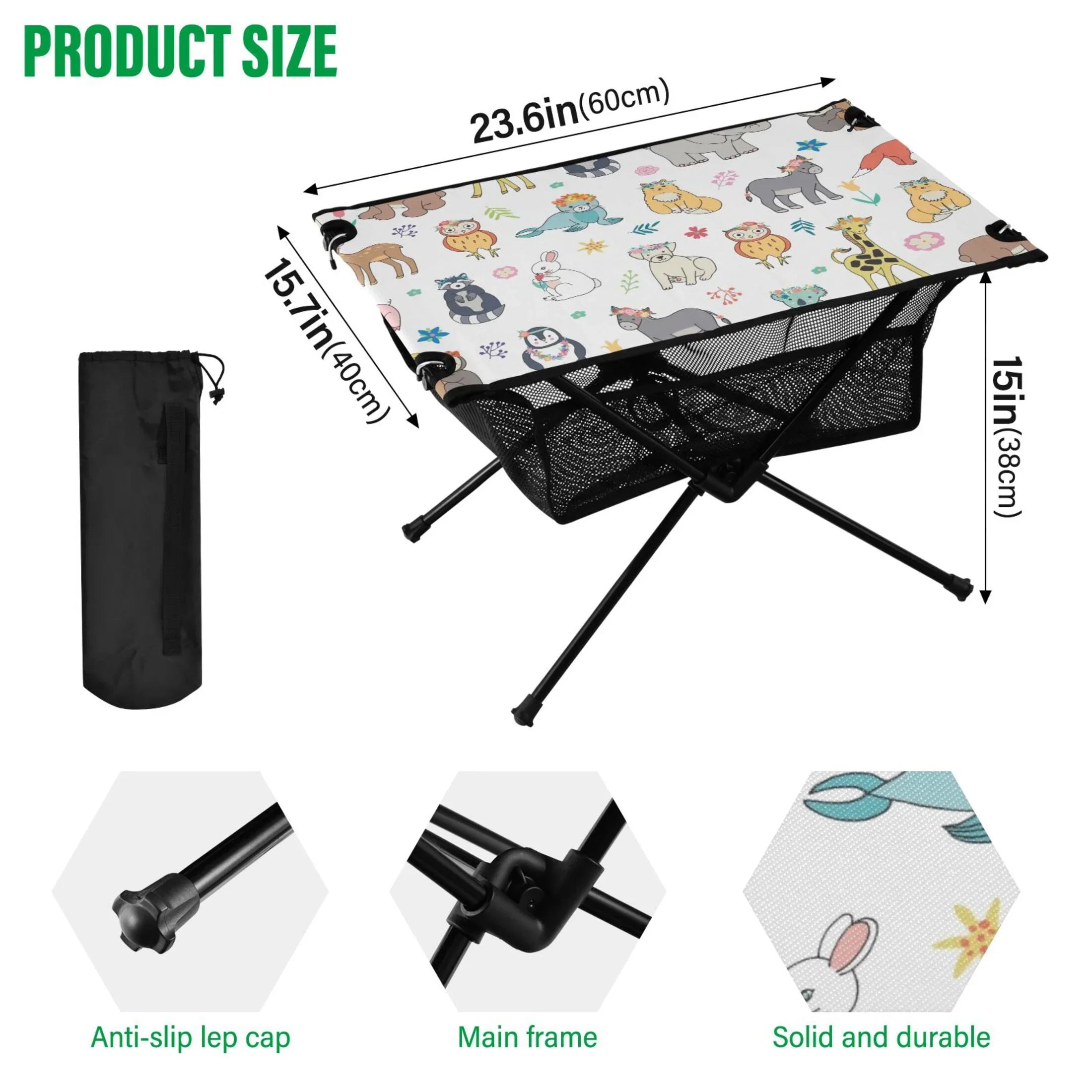 Cartoon Elephant Bear Giraffe Fox Camping Folding Table Portable Beach Table with Storage Bag Compact Picnic Table for Outdoor Travel Fishing BBQ