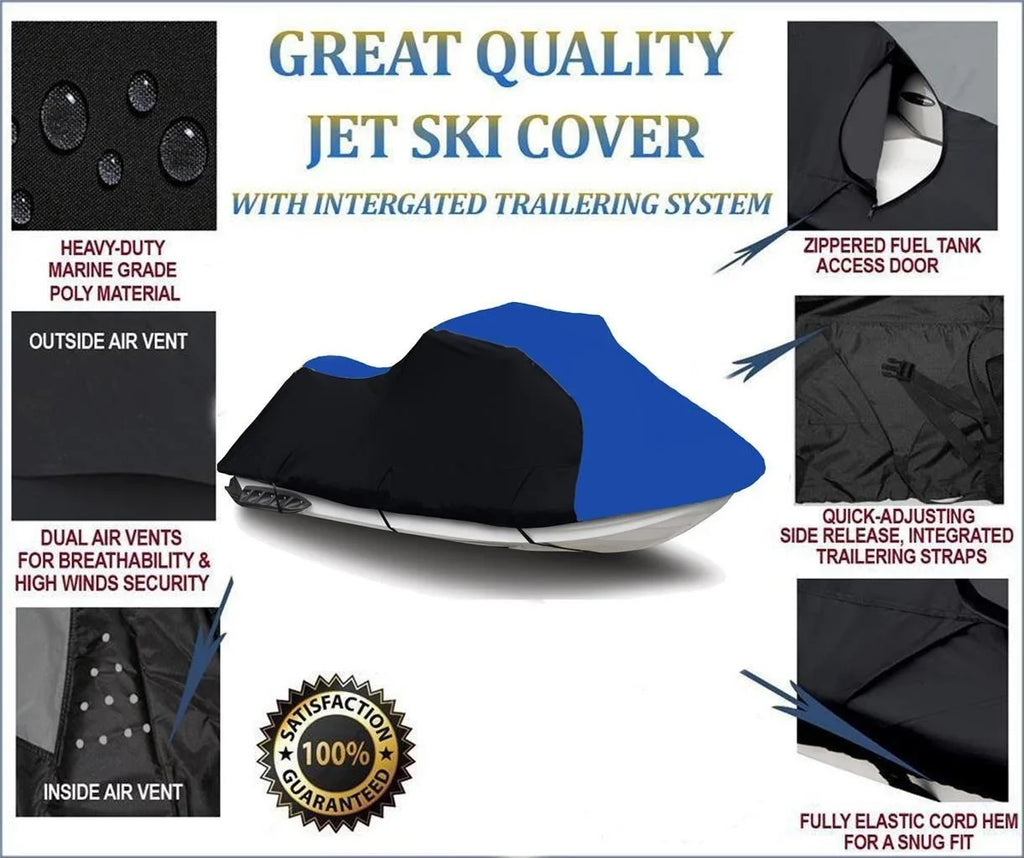 BLACK / BLUE HEAVY-DUTY Cover Compatible for Sea Doo Sea-Doo GTX Wakeboard 2004 Jetski Jet Ski PWC trailerable Cover