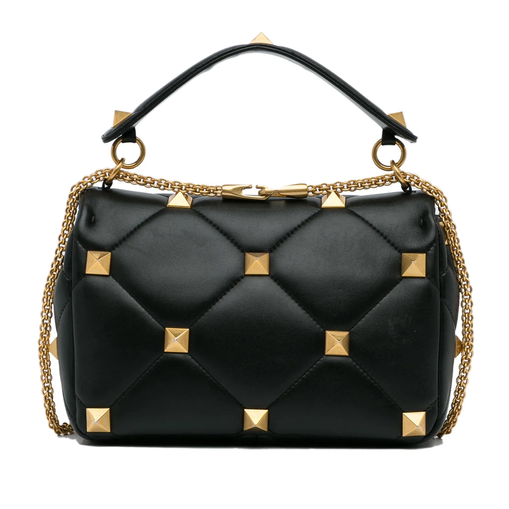 Pre-Owned Authenticated Valentino Medium Roman Stud Satchel Calf Leather Black Unisex (Good)