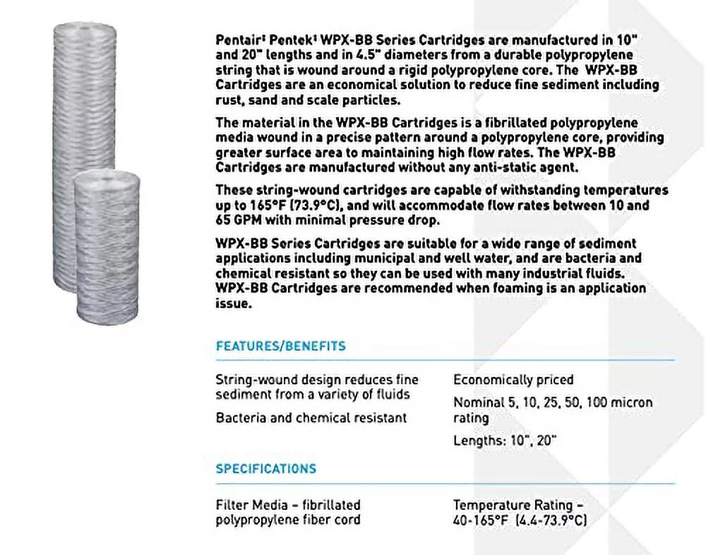 Pentek WPX100BB97P String-Wound Polypropylene Filter Cartridge, 10 inch x 4.5 inch, 100 Microns